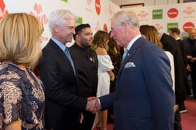 Phillip Schofield speaks to Prince Charles, now King Charles III, at The Prince’s Trust Awards at The London Palladium on March 6, 2018.