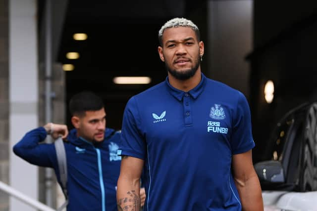 Joelinton and Bruno Guimaraes arrive at St James' Park last month.