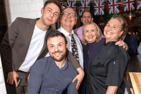 Hillary Clinton and David Miliband at Colmans Fish and Chip restaurant on Ocean Road. Photograph: Judith Graham