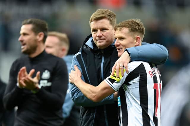 Newcastle United head coach Eddie Howe embraces Matt Ritchie, who is staying for another year. (Pic: Getty Images)