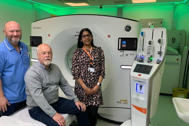 The IDC’s first patient John Goss with Radiographer Robert Dowson and Clinical Lead Yasmin Hakin. 