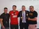 L-R Myles Ferraro, Sunderland footballer Dan Neil, the Mayor and Sergio Petrucci from the Red Sky Foundation.