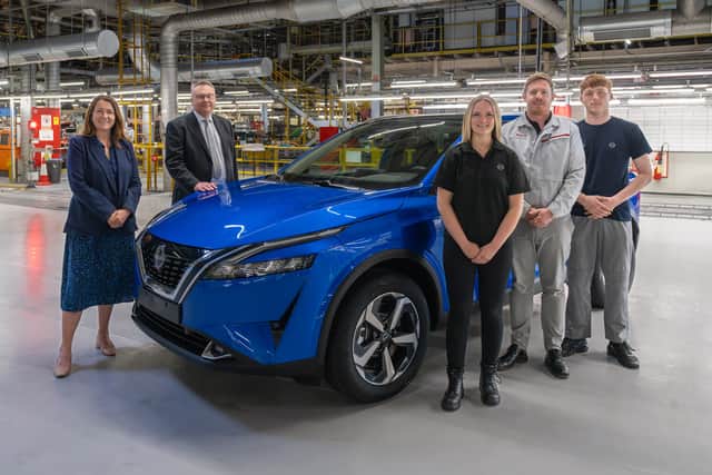 From left: Ellen Thinnesen, chief executive of Education Partnership North East and Sunderland College; Brendan Tapping, chief executive of Bishop Chadwick Catholic Education Trust; and Michael Jude, HR director at Nissan Sunderland Plant with Nissan apprentices.