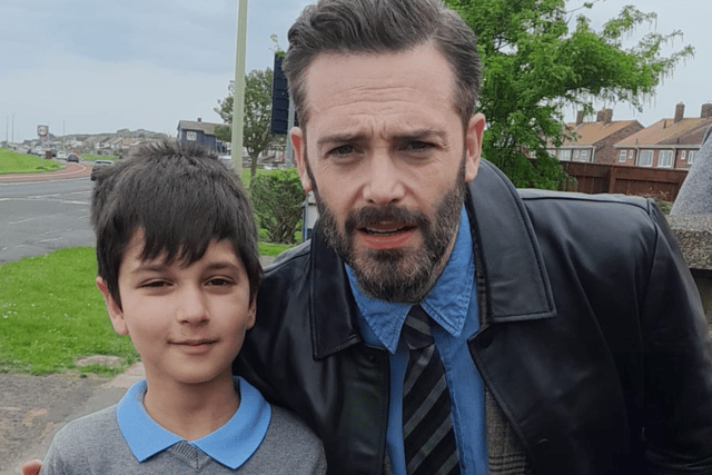 Brayden Narang with David Leon on the set of Vera in South Shields. 