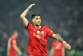  Dominik Szoboszlai of RB Leipzig gestures during the DFB Cup final match between RB Leipzig and Eintracht Frankfurt at Olympiastadion on June 03, 2023 in Berlin, Germany. (Photo by Sebastian Widmann/Getty Images)