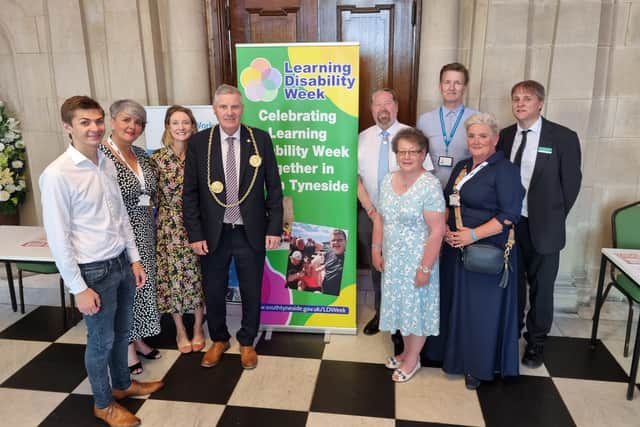 (LtR) Cllr Adam Ellison, Raylee Harrison (Arts 4 Wellbeing), Claire Tritton (MENCAP), the Mayor, Back Row: Cllr Paul Dean, Peter Nash (of South Tyneside and Sunderland NHS Foundation Trust, Tom Relph (South Tyneside Libraries) Front: Cllr Ruth Berkley, Gemma Oman (Arts 4 Wellbeing).
