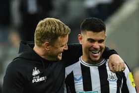 Newcastle United head coach Eddie Howe and midfielder Bruno Guimaraes late last season. (Pic: Getty Images)