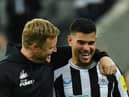 Newcastle United head coach Eddie Howe and midfielder Bruno Guimaraes late last season. (Pic: Getty Images)
