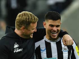 Newcastle United head coach Eddie Howe and midfielder Bruno Guimaraes late last season. (Pic: Getty Images)