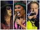 Glastonbury 2023: left to right, Slash from Guns N’ Roses; Lizzo and Axl Rose from Guns N’ Roses. (Photo: Getty Images)