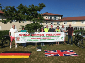 Green Route cyclists from South Tyneside gather at the Oak Tree of Friendship outside the Little Haven Hotel. Photo: Other 3rd Party.