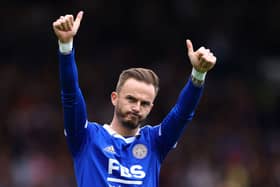 James Maddison of Leicester City acknowledges the fans prior to the Premier League match  (Photo by Clive Rose/Getty Images)