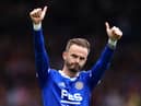 James Maddison of Leicester City acknowledges the fans prior to the Premier League match  (Photo by Clive Rose/Getty Images)