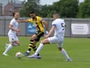 Hebburn Town captain Amar Purewal in action against Dumbarton (photo Tyler Lopes)