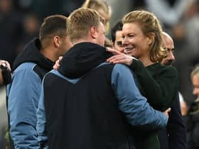 Newcastle United co-owner Amanda Staveley embraces head coach Eddie Howe after the club secured Champions League football last season.