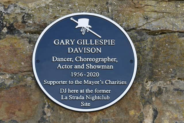 Blue plaque on the site of the former La Strada nightclub for choreographer, actor and dancer and DJ Gary Gillespie Davison