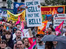 Striking teachers from the National Education Union (NEU) hold a rally in Parliament Square on 5 July 2023 in London, United Kingdom. NEU members are striking to win a fully-funded, above-inflation pay rise for all educators. (photo by Mark Kerrison/In Pictures via Getty Images)