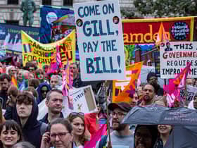 Striking teachers from the National Education Union (NEU) hold a rally in Parliament Square on 5 July 2023 in London, United Kingdom. NEU members are striking to win a fully-funded, above-inflation pay rise for all educators. (photo by Mark Kerrison/In Pictures via Getty Images)
