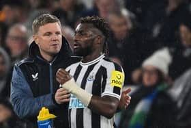 Newcastle United head coach Eddie Howe and winger Allan Saint-Maximin during a game against West Ham United at the London Stadium last seaason. (Pic: Getty Images)