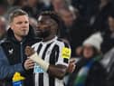 Newcastle United head coach Eddie Howe and winger Allan Saint-Maximin during a game against West Ham United at the London Stadium last seaason. (Pic: Getty Images)