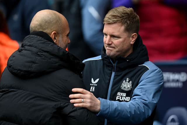 Manchester City manager Pep Guardiola and Newcastle United ahead coach Eddie Howe at the Etihad Stadium in March. (Pic: Getty Images)