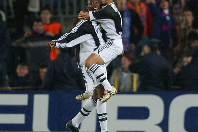Shola Ameobi celebrates scoring for Newcastle United against Barcelona in the 2002/03 season. (Pic: Getty Images)
