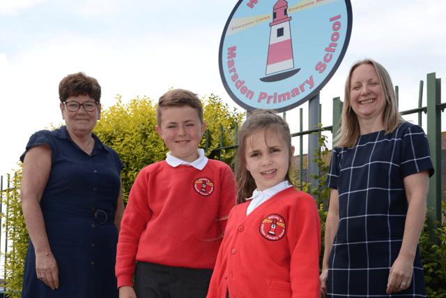 Cllr Carter with Caroline Marshall, Marsden Primary School headteacher, and pupils Sonny Young and Lana-May Wright. Photo: South Tyneside Council.