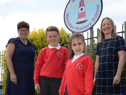 Cllr Carter with Caroline Marshall, Marsden Primary School headteacher, and pupils Sonny Young and Lana-May Wright. Photo: South Tyneside Council.