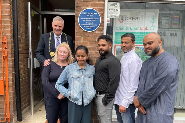 From left: John McCabe, Mayor of South Tyneside, Emma Lewell-Buck, South Shields MP, Laila Chowdhury, Shuley’s daughter, Iqbal Chowdhury, Shuley’s son and Abdul Ahad, Shuley’s brother.