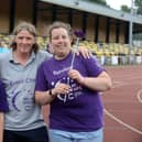 Annual Cancer Research UK Relay for Life organiser Ann Walsh at Monkton Stadium with survivors Bobby Jak, 12 and Lillie Slater, 19.