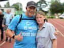 Annual Cancer Research UK Relay for Life organiser Ann Walsh at Monkton Stadium with David Ansell who is walking 10 miles a day for a 100 days.