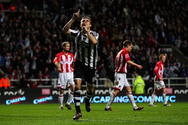 Former Newcastle United striker Peter Lovenkrands celebrating after scoring for the Magpies against Sheffield United.