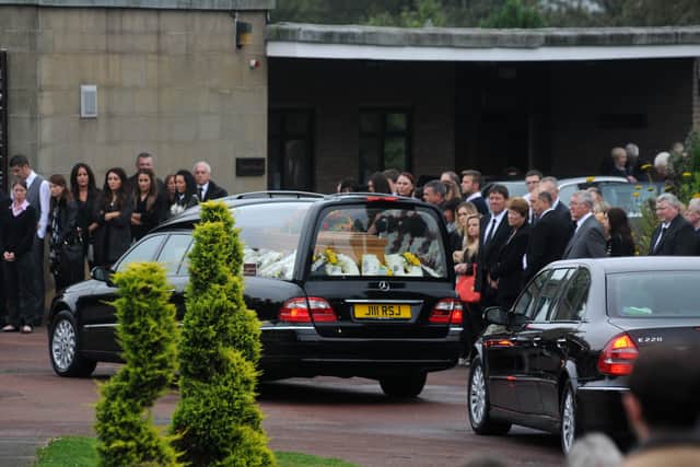Mourners gather for Sean Anderson's funeral at South Shields Crematorium. Oil giant BP has been fined £650,000 over health and safety failings leading to Mr Anderson's death
