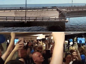 Footage of Wigan fans singing in 2016 was mistaken as Ukrainians celebrating the Crimean Bridge attack by Hungarian TV station HirTV - Credit: Getty / YouTube