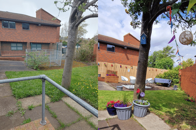 A before and after of the garden at The Autism Hub.