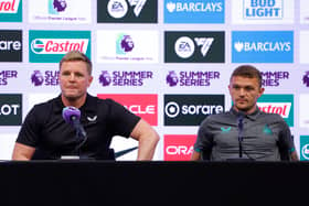 Eddie Howe speaking at a press conference in the United States.  