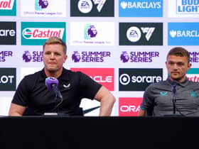 Eddie Howe speaking at a press conference in the United States.  