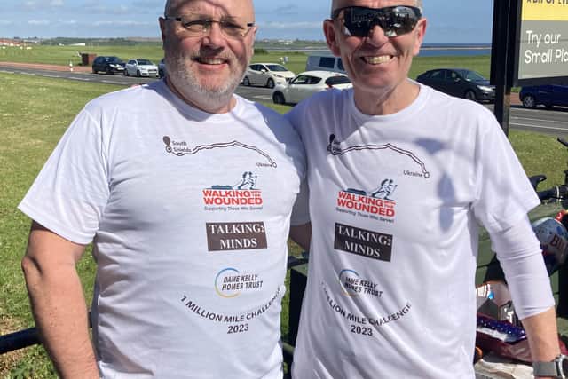 Stephen with Carl Mowatt, Operations Director at South Shields FC, who will join him for the last leg on the challenge in September.