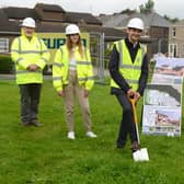 Cllr Ellison (front) with Robert Storey who will manage the new facility, Ruby Watt, a care-experienced young person, Kevin Turnbull, Director at JDDK Architects and Norman Trainer from Surgo Construction. Photo: South Tyneside Council.
