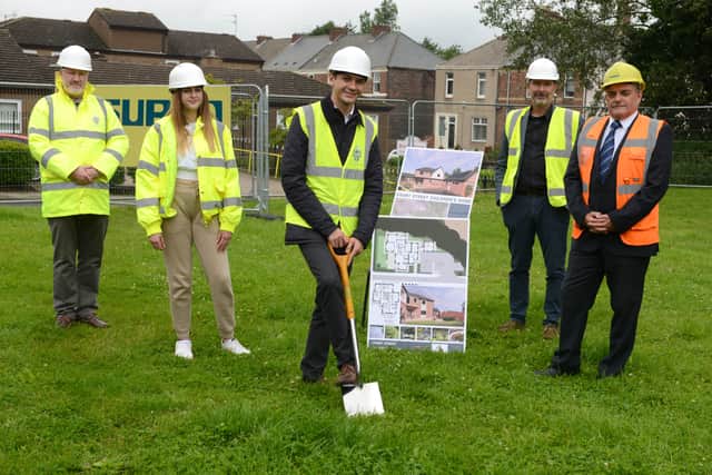 Cllr Ellison (front) with Robert Storey who will manage the new facility, Ruby Watt, a care-experienced young person, Kevin Turnbull, Director at JDDK Architects and Norman Trainer from Surgo Construction. Photo: South Tyneside Council.