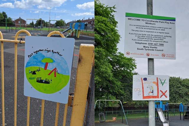 The new signs at Galsworthy Road (left) and Cornthwaite Park. Photo: South Tyneside Council.