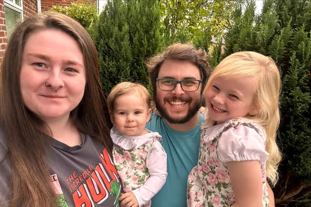 Angel Puttock, 24, from Hebburn.with daughters Octavia, six, and Mazikeen, 16 months and fiancé Chris Abdo, 30.