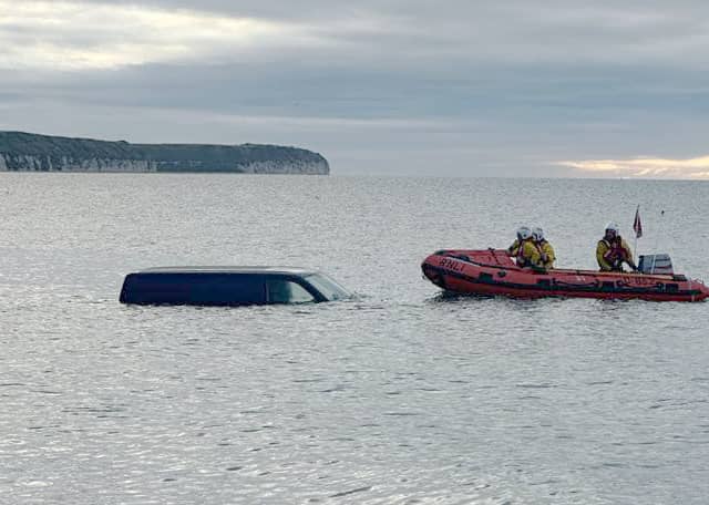 Driver of a van was left red faced after it floated out to sea