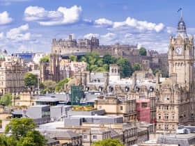 Edinburgh Castle with Cityscape from Calton Hill, Edinburgh, Scotland UK