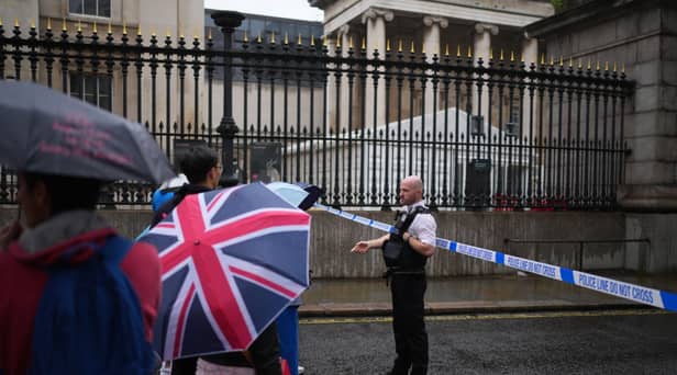LONDON, ENGLAND - AUGUST 8: Police restrict access outside the British Museum on August 8, 2023 in London, England. The Metropolitan Police said they were called to Museum Street at 10AM after a reported stabbing. A man was subsequently taken to the hospital with a stab wound and another was arrested on suspicion of Grievous Bodily Harm. (Photo by Carl Court/Getty Images)