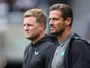  Eddie Howe (L), Manager of Newcastle United, looks on with Assistant, Jason Tindall during the Sela Cup match between ACF Fiorentina and Newcastle United at St James' Park on August 05, 2023 in Newcastle upon Tyne, England. (Photo by George Wood/Getty Images)