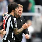  Sandro Tonali and Eddie Howe, Manager of Newcastle United, celebrate after the team's victory in the Premier League match between Newcastle United and Aston Villa at St. James Park on August 12, 2023 in Newcastle upon Tyne, England. (Photo by Stu Forster/Getty Images)