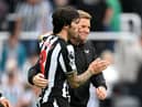  Sandro Tonali and Eddie Howe, Manager of Newcastle United, celebrate after the team's victory in the Premier League match between Newcastle United and Aston Villa at St. James Park on August 12, 2023 in Newcastle upon Tyne, England. (Photo by Stu Forster/Getty Images)