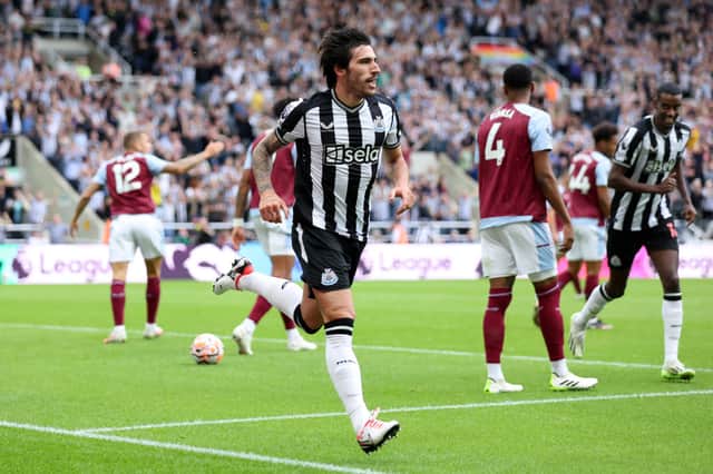 Sandro Tonali celebrates scoring his first goal for Newcastle United against Aston Villa.
