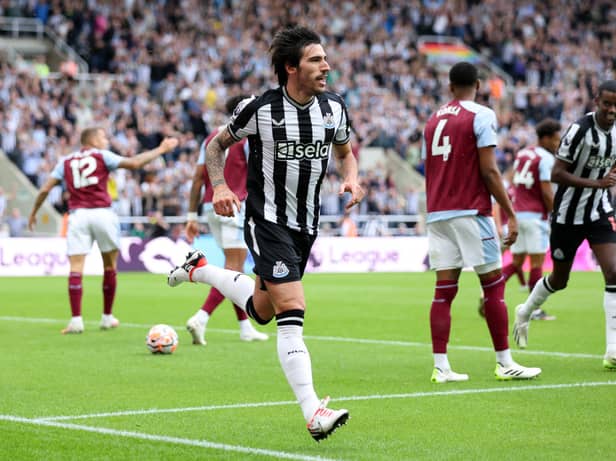 Sandro Tonali celebrates scoring his first goal for Newcastle United against Aston Villa.